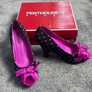 Penthouse Shoes by ellie Black White Polka Dots Pink Bows sz 9